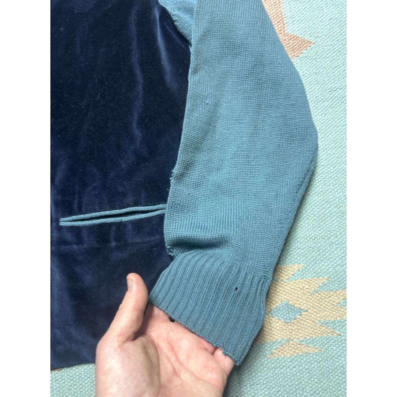 Velour VINTAGE Cardigan Mens 50s Wool Knit Velour 2 Tone Blue Medium Small Details: distressed, sweater, regular size, blue, unbranded Size US M / EU 48-50 / 2 - 4 Thumbnail