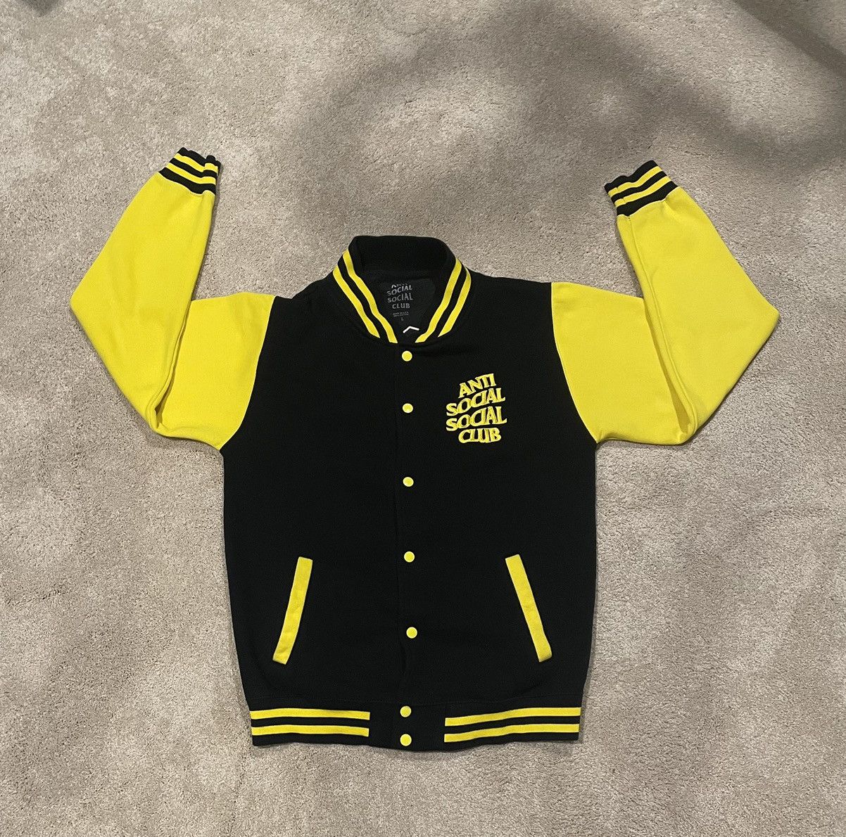 image of Anti Social Social Club Dropout Letterman Jacket in Yellow, Men's (Size Large)