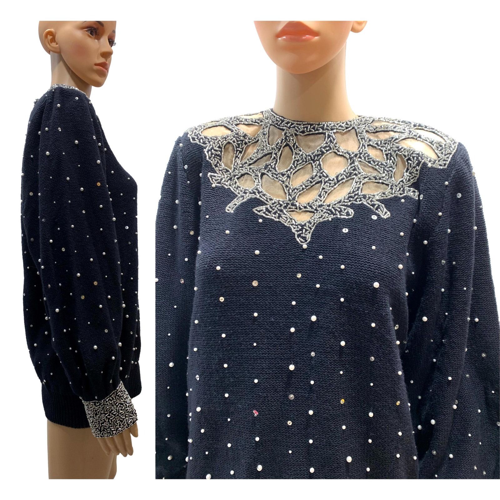 Vintage 80s Black Beaded Trophy Sweater w Pearls 1989 | S/M Size M / US 6-8 / IT 42-44 - 10 Thumbnail