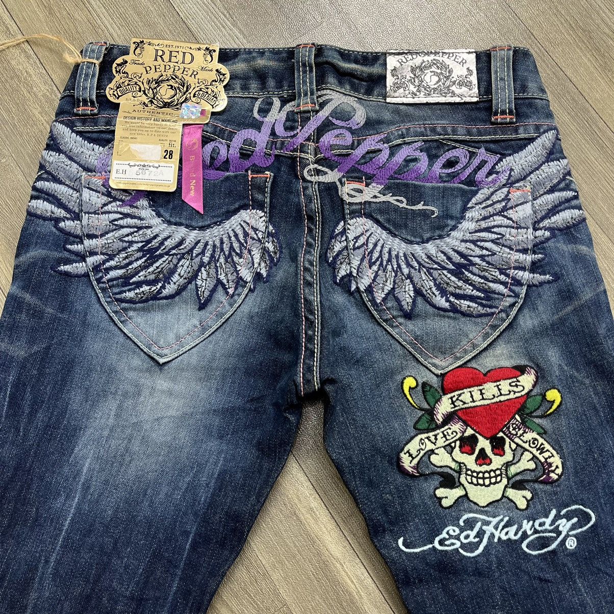 Ed Hardy Dead stock Y2K RedPepper x Ed Hardy Embroidery Flared Jeans Size 29" - 5 Thumbnail