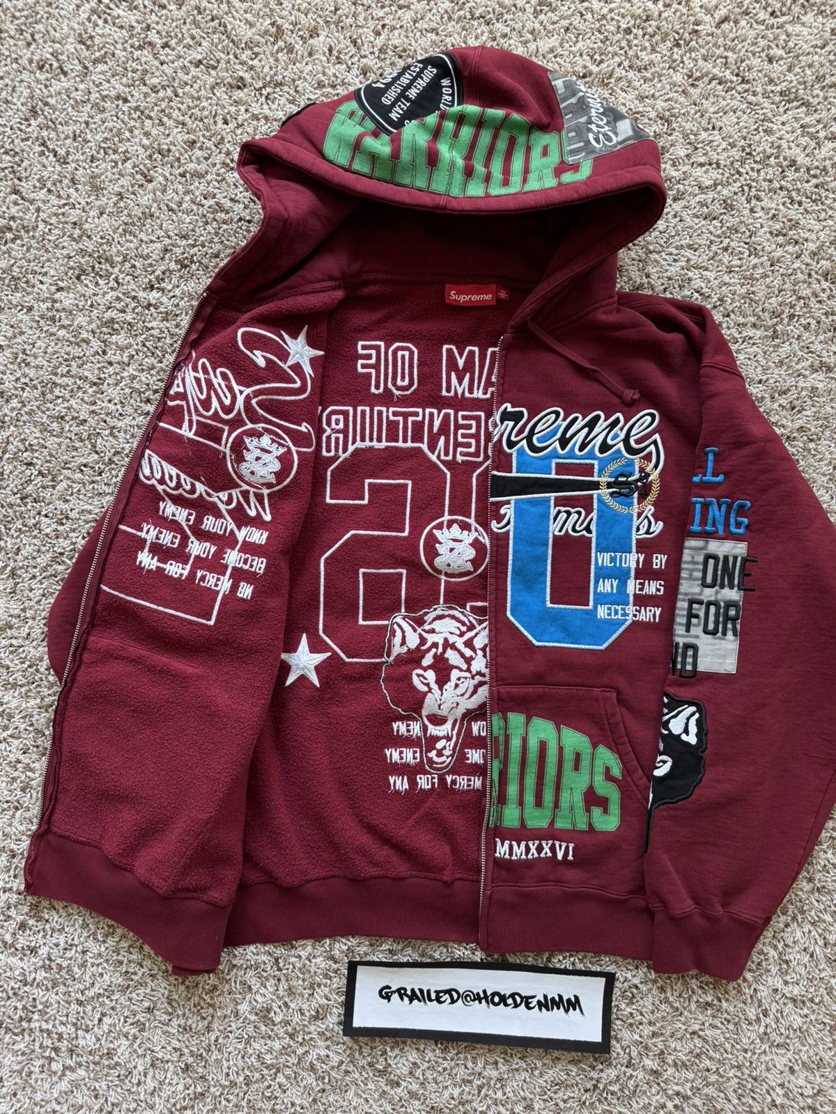 Supreme Warriors Appliqué Zip Up Hooded Sweatshirt Cardinal Red Size US L / EU 52-54 / 3 - 5 Thumbnail