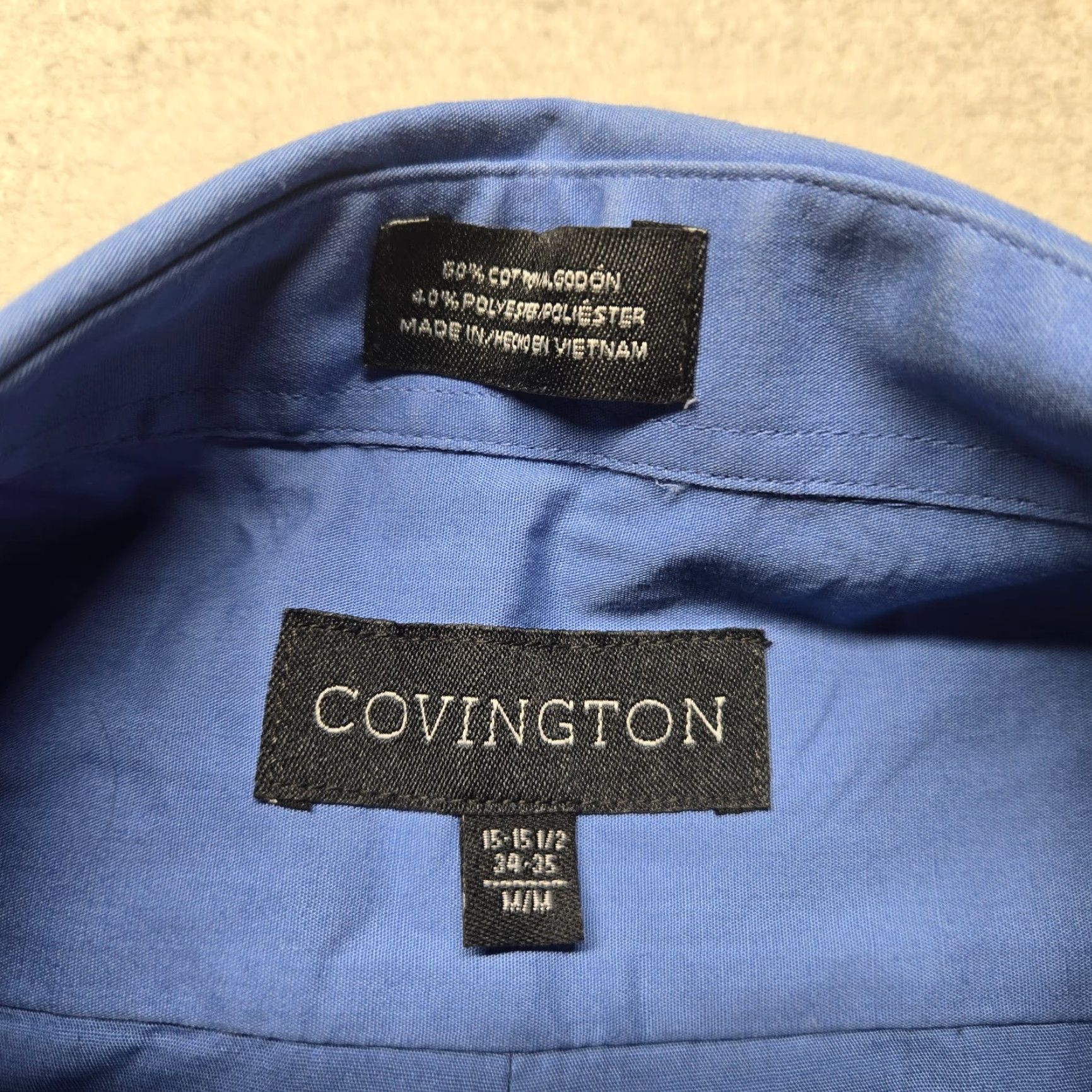 Vintage Covington Shirt Men M 15-15.5 Blue Long Sleeve Pocket Button-Up Classic Cotton Solid 90s vibe? Size 40R - 2 Thumbnail