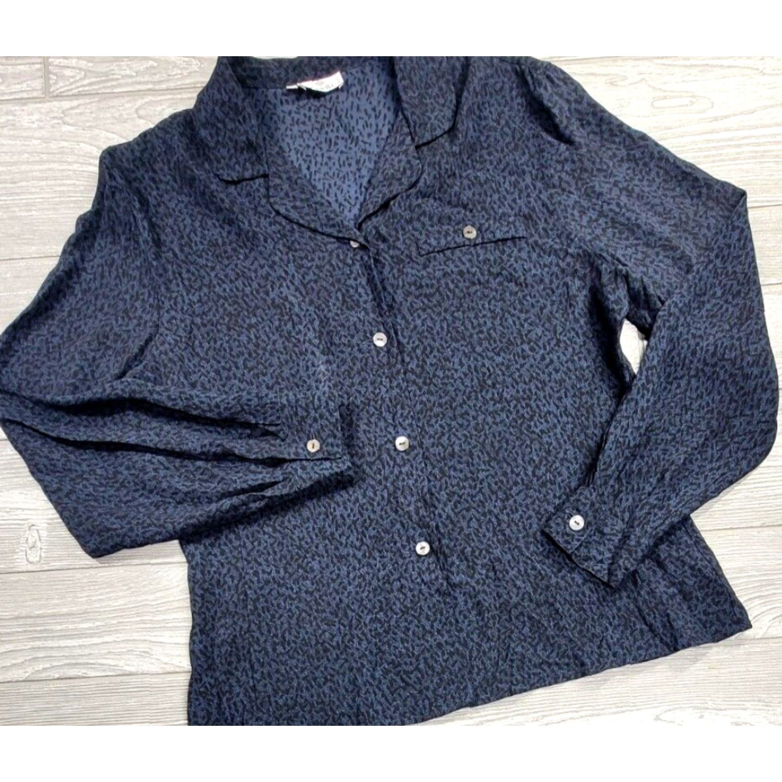 Zanella Zanella Women Button Up Top 10 Blue Black Cheetah Print Sheer Long Sleeve Italy Shirt Adult 10 Blue Black Cheetah Print Button-Up Zanella Women Size L / US 10 / IT 46 - 2 Thumbnail