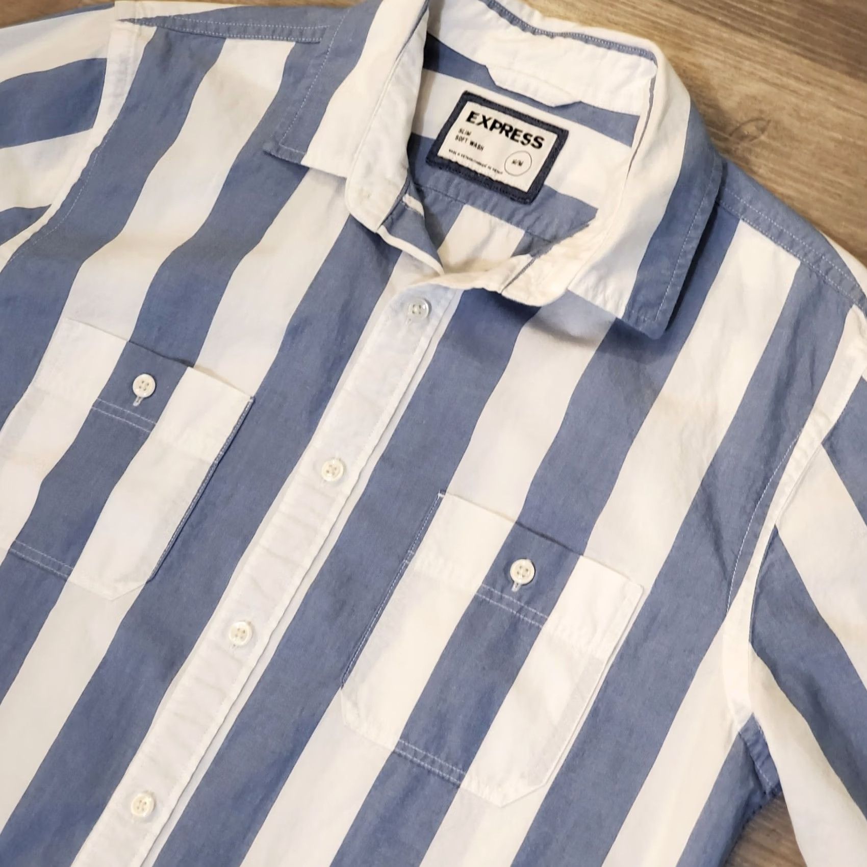 Express Express Mens Shirt Button-Up Sz M Blue White Striped Slim Cotton Long Sleeve Size US M / EU 48-50 / 2 - 2 Thumbnail
