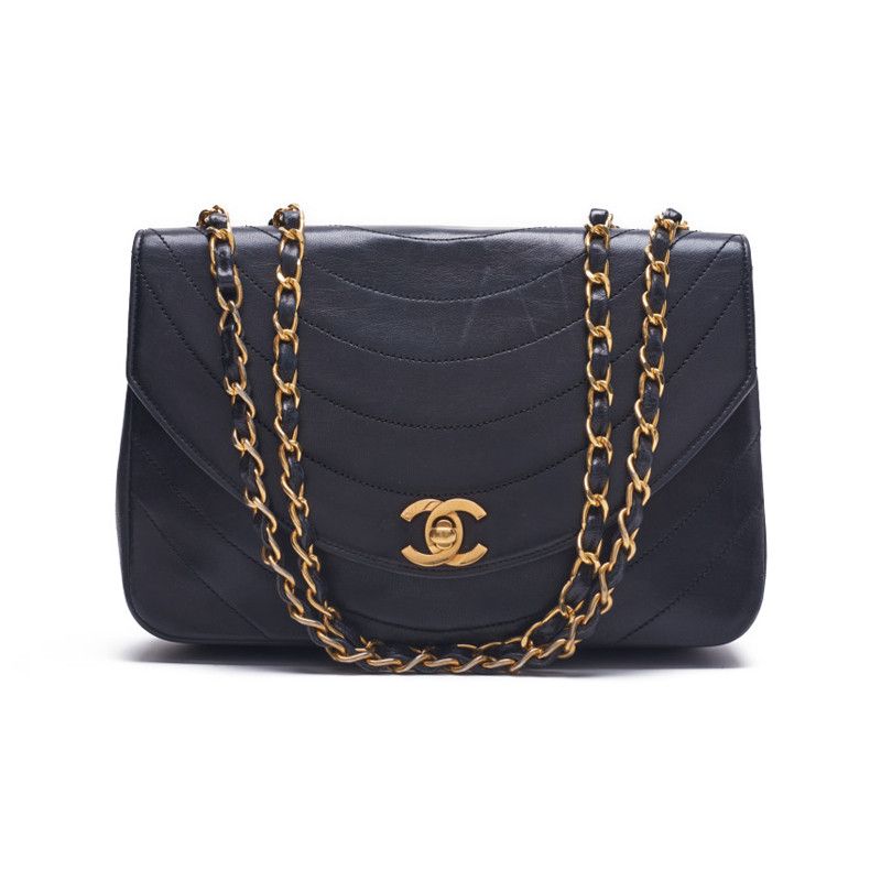 Chanel Border Stitch Round Flap Turn Lock Chain Lambskin Black