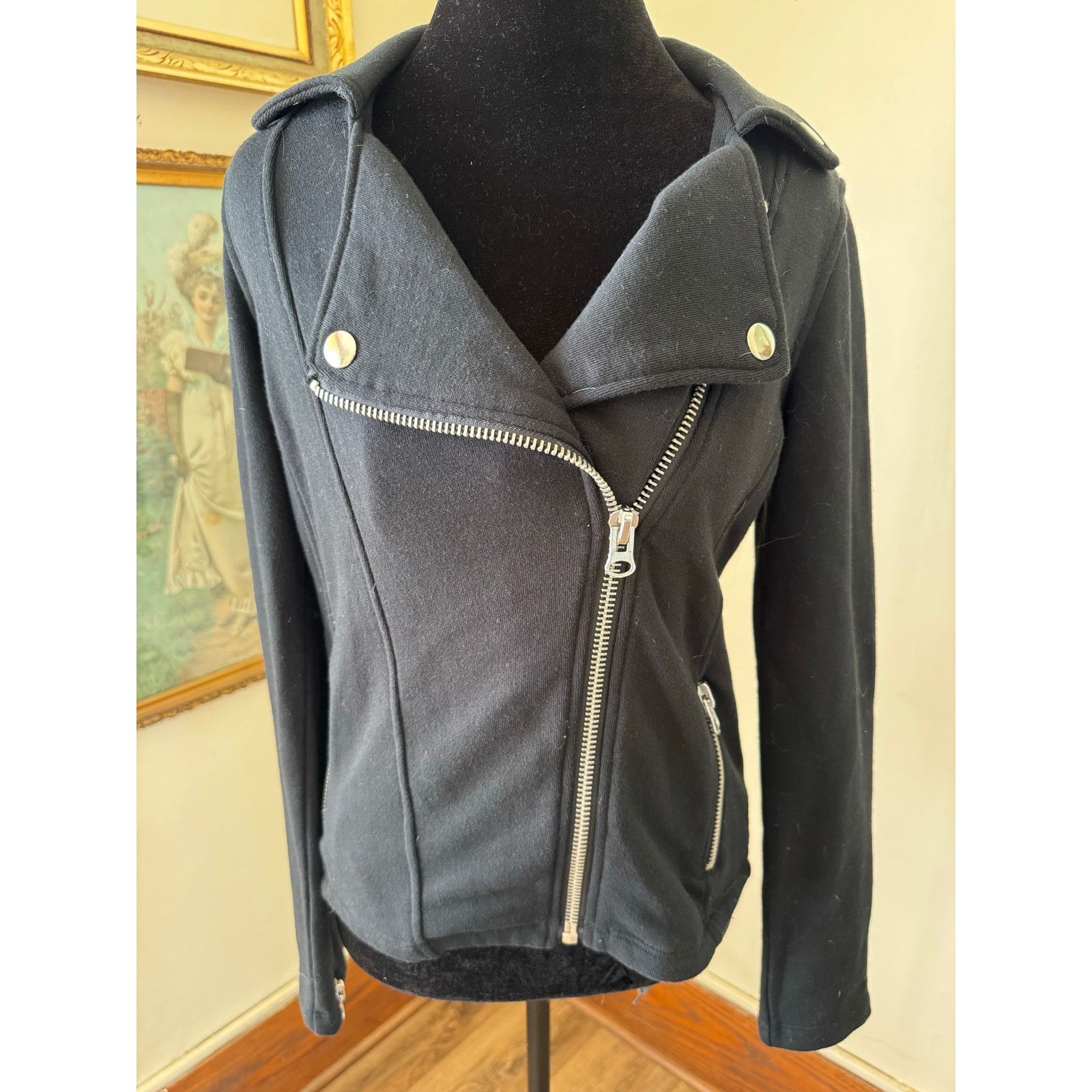Forever 21 Black Moto Jacket Asymmetrical Zip Knit Biker Size Small Size S / US 4 / IT 40 - 1 Thumbnail
