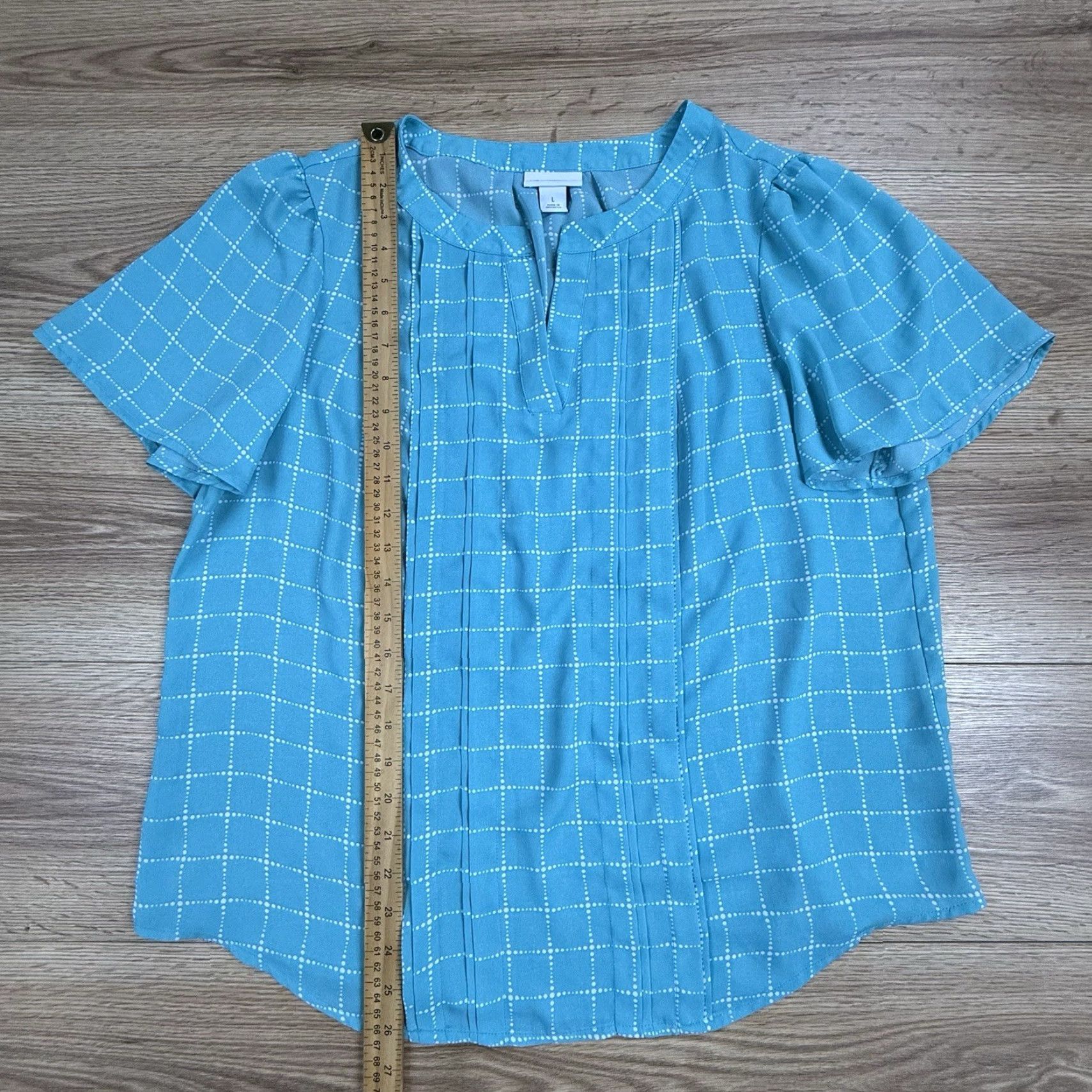 Liz Claiborne Liz Claiborne Womens Blouse V-Neck Plaid Blue L Size Top Shirt Cuffed Short Sleeve Womens Size L / US 10 / IT 46 - 3 Thumbnail