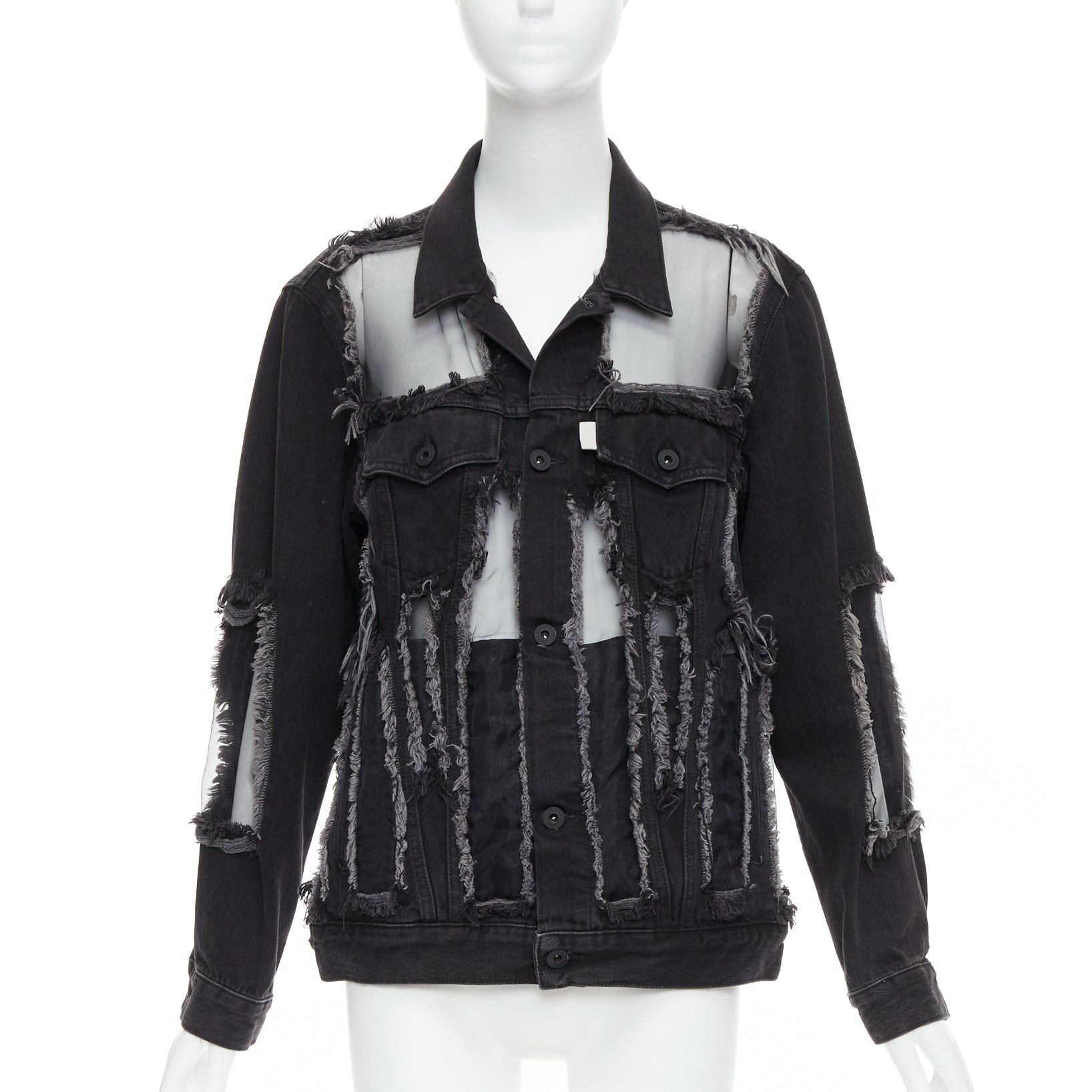 Off-White OFF WHITE black denim organza mesh panel frayed jacket XS Size S / US 4 / IT 40 - 1 Thumbnail
