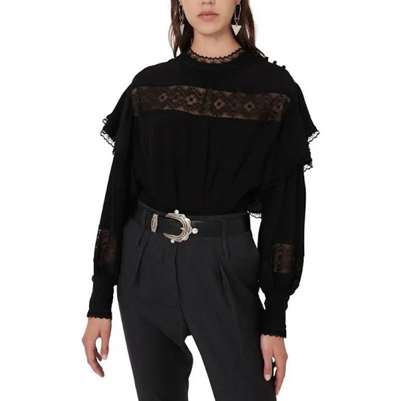 Iro IRO Claw Guipure Lace Trimmed Ruffled Crepe Black Blouse Size S / US 4 / IT 40 - 1 Thumbnail