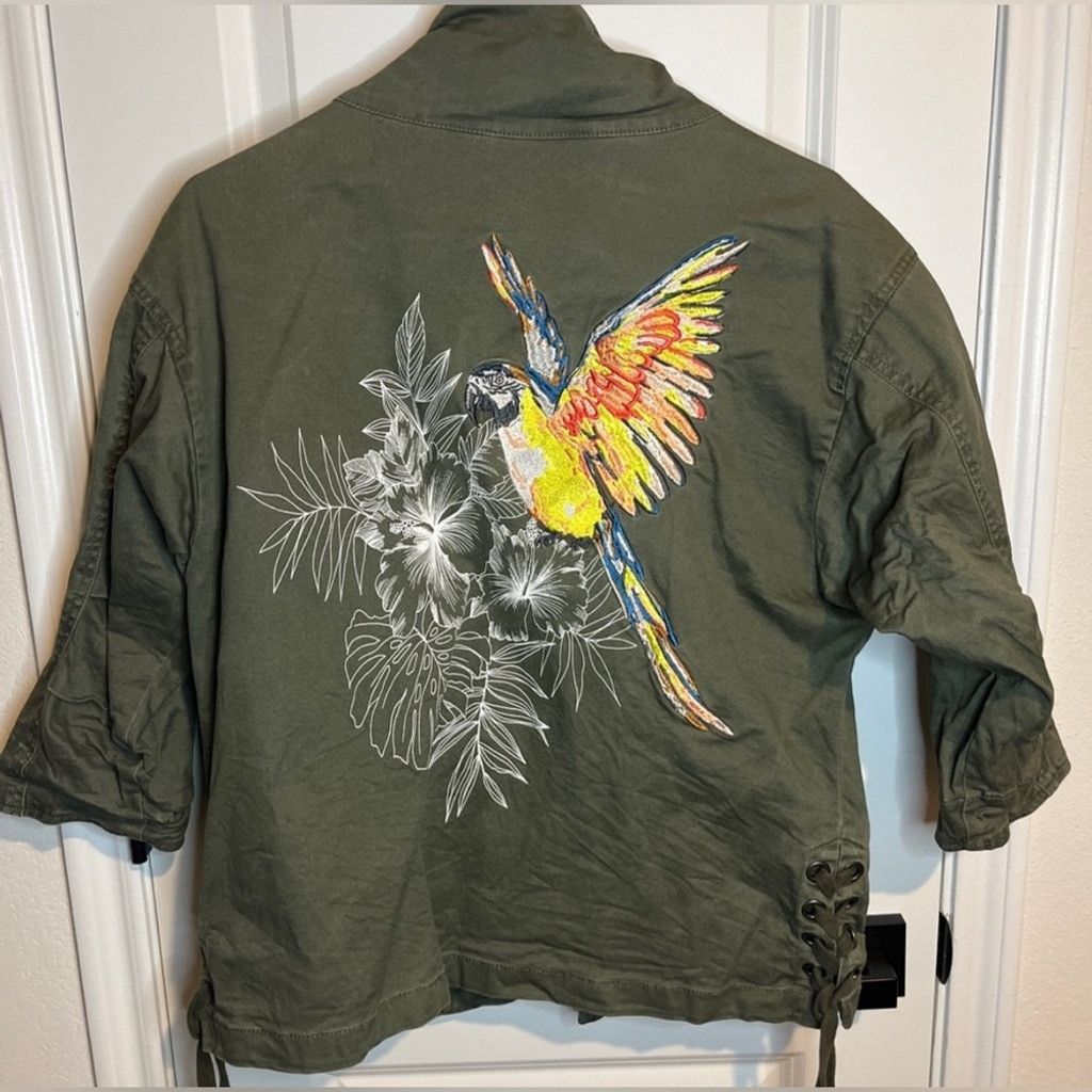 Express Express Olive Green Women's Jacket w Flowers Bird Embroidery Size M / US 6-8 / IT 42-44 - 1 Thumbnail