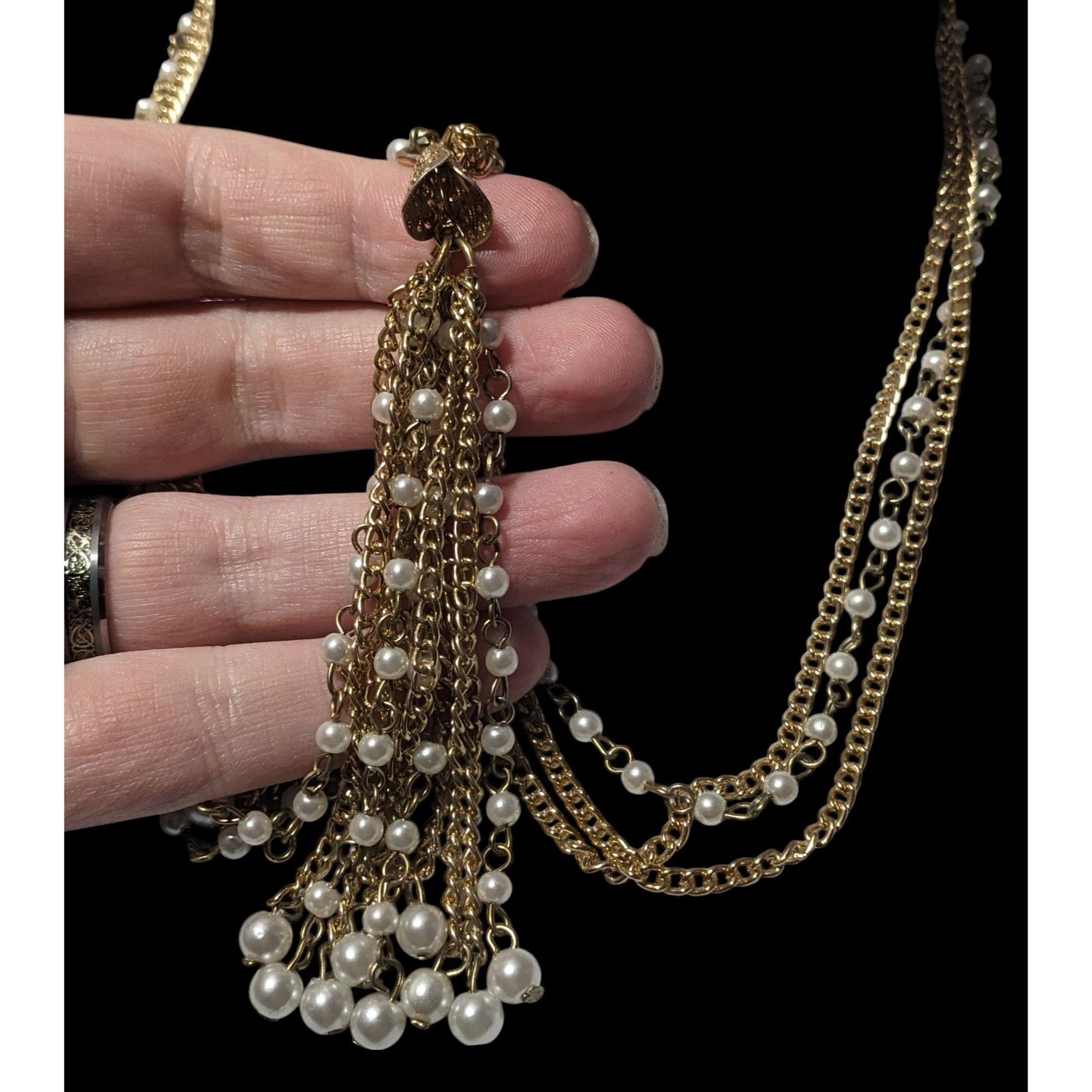 Other Gold Tone Faux Pearl Multistrand Tassel Necklace Size ONE SIZE - 2 Thumbnail