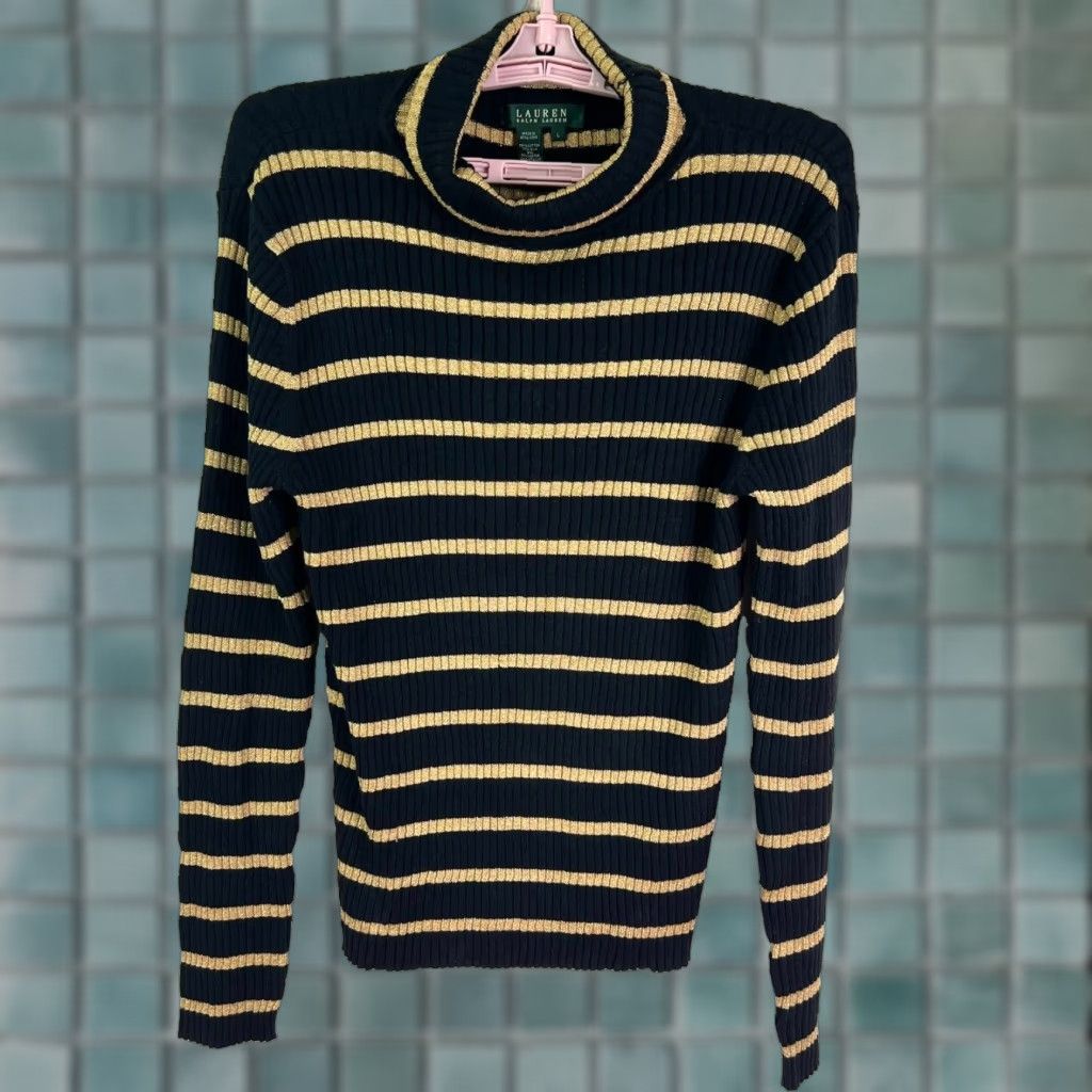 Vintage Lauren Ralph Lauren Sweater Adult Size L Black/Gold Metallic Striped Silk Blend Turtleneck Pullover Womens Size L / US 10 / IT 46 - 1 Thumbnail