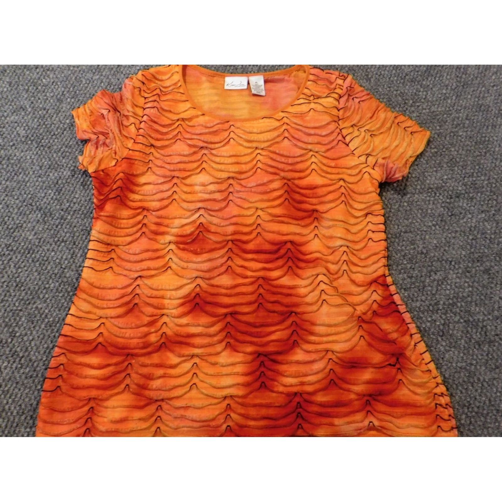 Vintage Kim Rogers Blouse Womens Petite Orange Cap Sleeve Pullover Knit Ruffle Crew Neck Casual Polyester Rayon Geometric Size L / US 10 / IT 46 - 3 Thumbnail