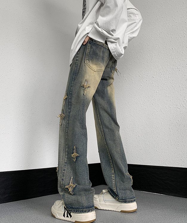 Japanese Brand Men's American high street cross embroidered loose jeans Size US 32 / EU 48 - 4 Thumbnail