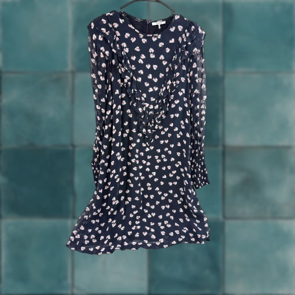 Ganni Ganni Dress Womens 34 Navy Blue Ruffle Georgette Daisy Floral Long Sleeve Mini Size XXS / US 00 / IT 34 - 1 Thumbnail