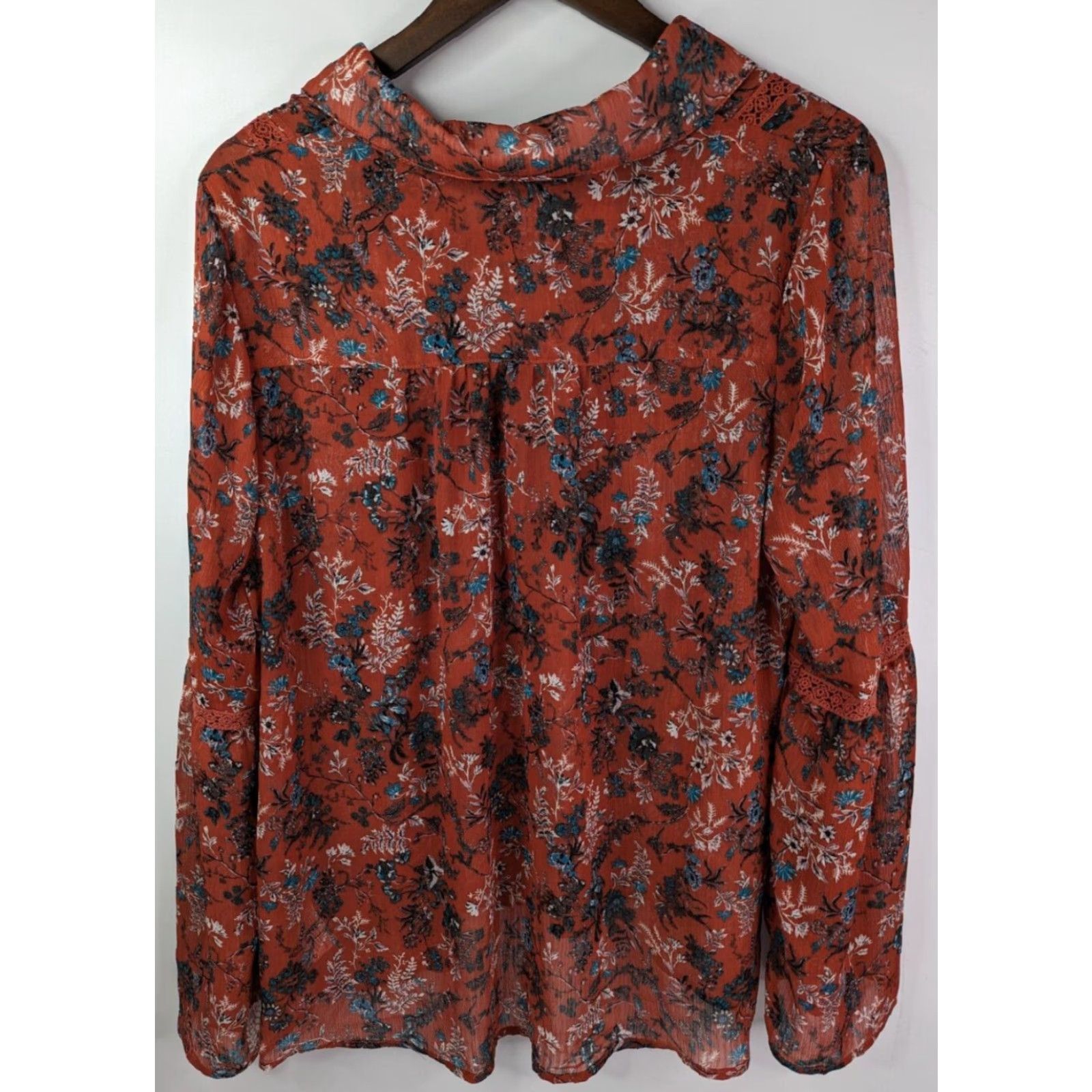 Vintage Knox Rose Blouse Terracotta Floral Sheer Long Bell Sleeve V Neck Tassel Women's L Size L / US 10 / IT 46 - 4 Thumbnail