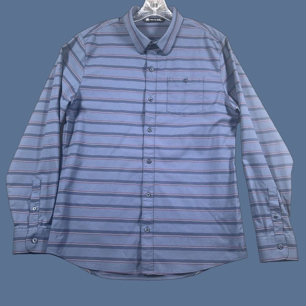 TravisMathew Travis Mathew Shirt Long Sleeve Button-Up Mens L Striped Blue Gray Polyester Size US L / EU 52-54 / 3 - 1 Thumbnail
