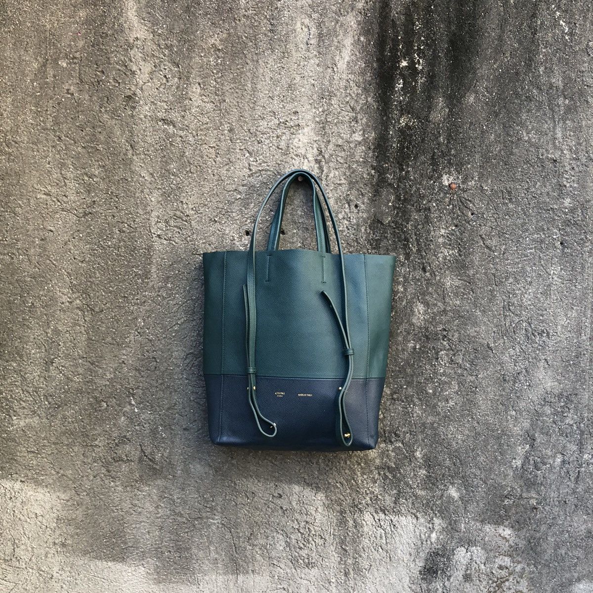 image of Celine Bicolor Vertical Cabas Tote Bag Calfskin in Green, Women's