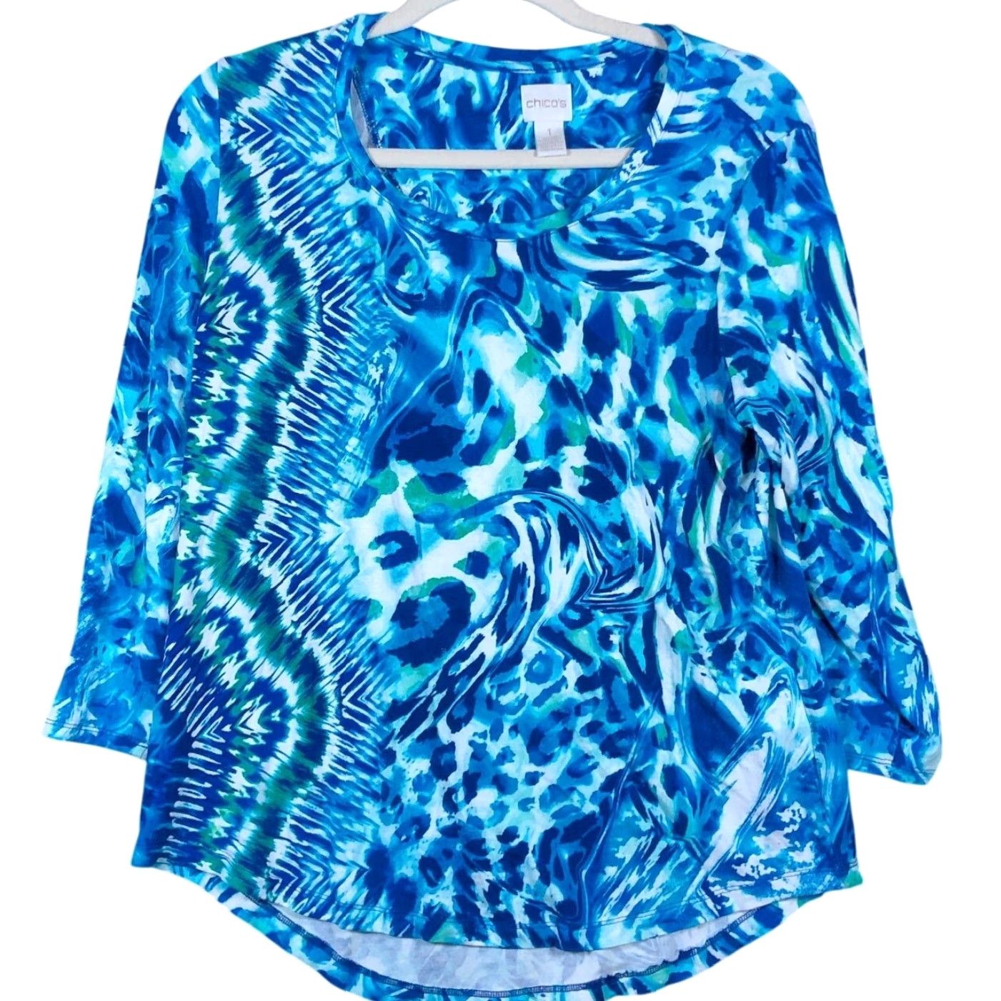 Vintage Chicos Womens Blouse Blue White Abstract 3/4 Sleeve Scoop Neck Stretch 1 (M) Size M / US 6-8 / IT 42-44 - 2 Thumbnail