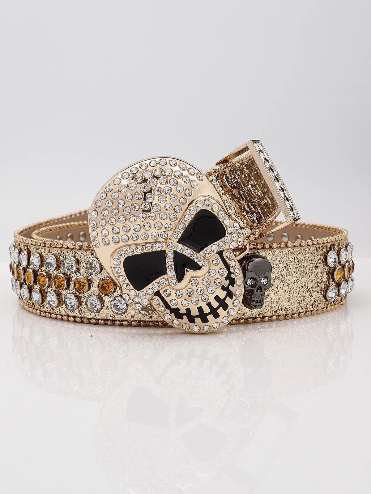 image of Leather x Skulls Rhinestone Pu Skull Belt in Gold, Men's