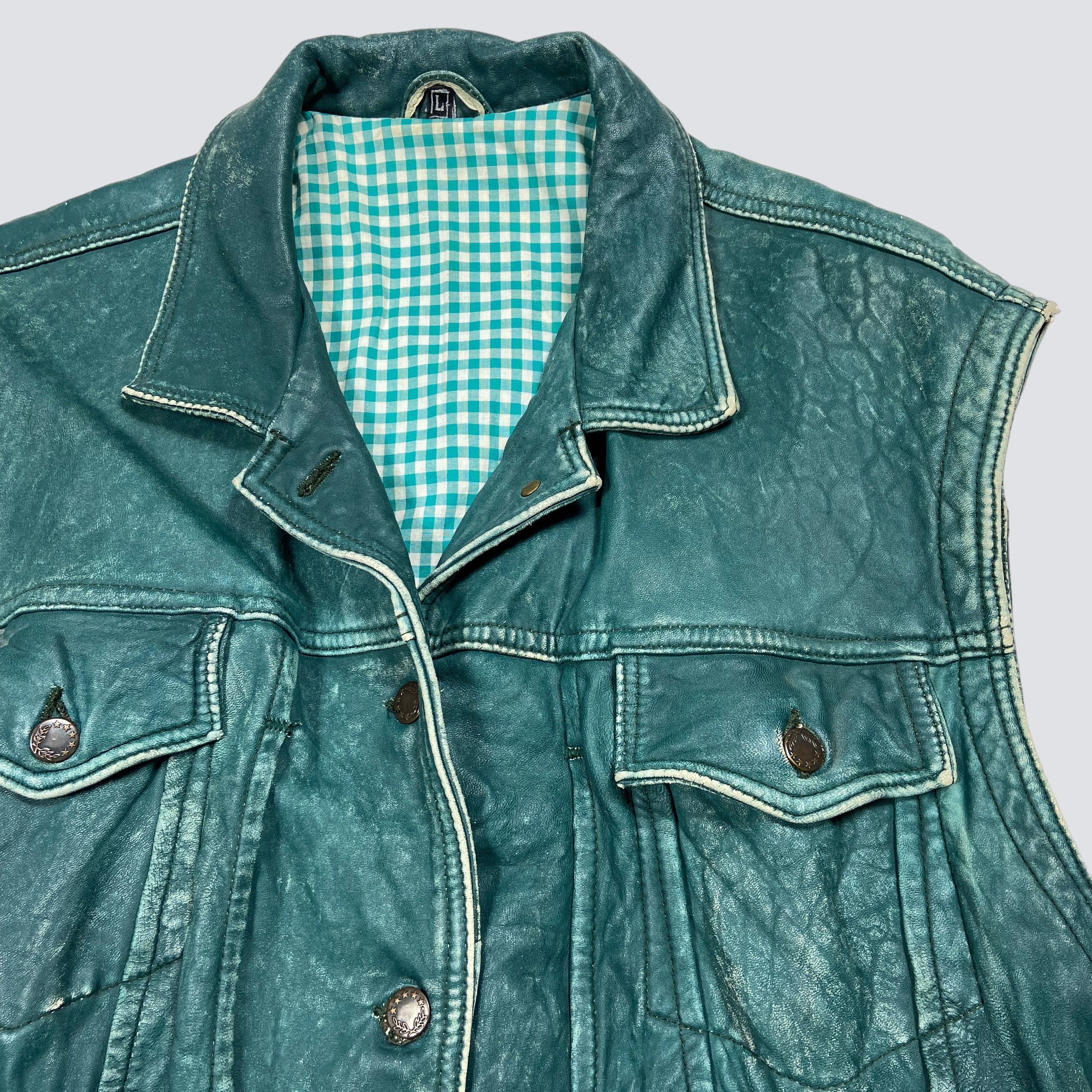 Vintage 1970s RETRO PUNK FADED DISTRESSED LEATHER MINT VEST - № 2109 Size US L / EU 52-54 / 3 - 4 Thumbnail