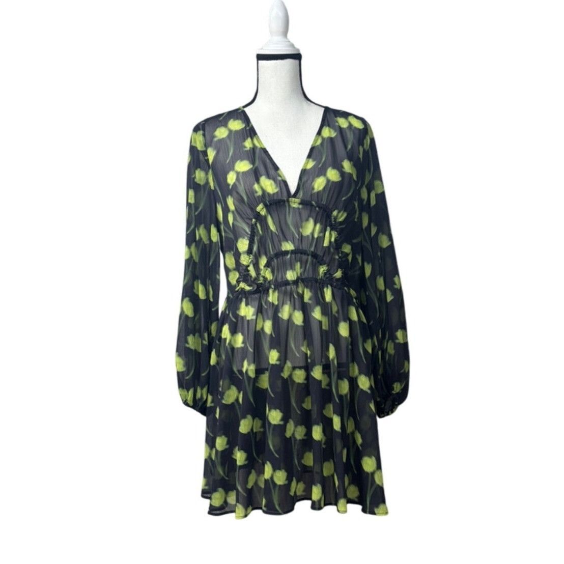 Topshop Topshop Floral Ruched Long Sleeve Dress In Medium Green, Sz. Size M / US 6-8 / IT 42-44 - 3 Thumbnail