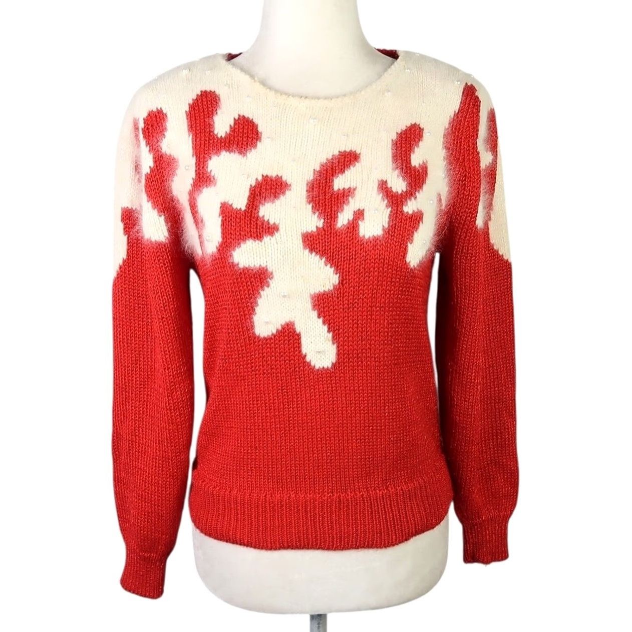 Vintage VINTAGE 80s Red Cream Angora Knit Sweater S Women Pullover Long Sleeve Squiggle Size S / US 4 / IT 40 - 2 Thumbnail