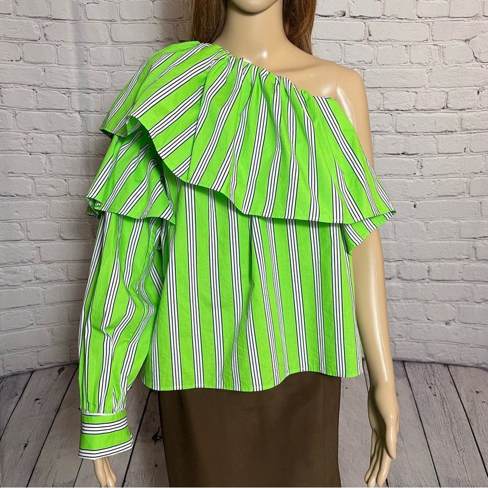 MSGM New MSGM Neon Striped Ruffle Cotton One Shoulder Top Blouse Size M / US 6-8 / IT 42-44 - 5 Thumbnail
