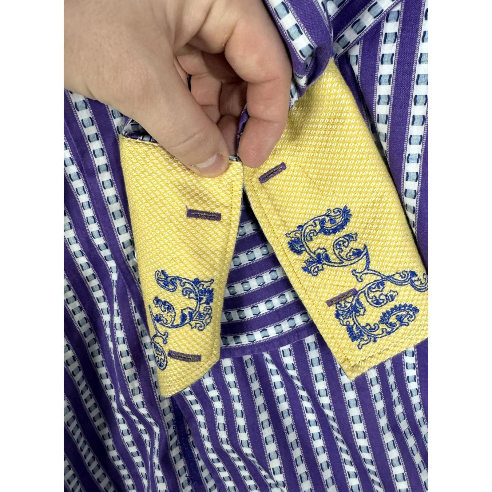 Robert Graham Robert Graham Shirt Mens XL XXL Purple Stripe Yellow Cuff Long Sleeve Button Size US XL / EU 56 / 4 - 7 Thumbnail