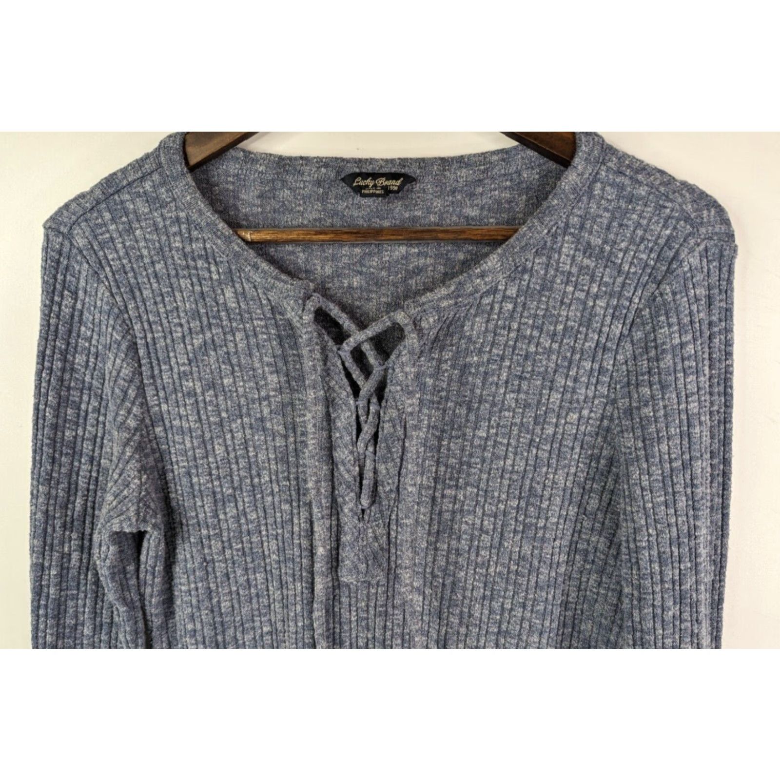 Lucky Brand Lucky Brand Lace Up Top Blue Ribbed Boho Long Sleeve Women’s Large L 7W63414 Size L / US 10 / IT 46 - 2 Thumbnail
