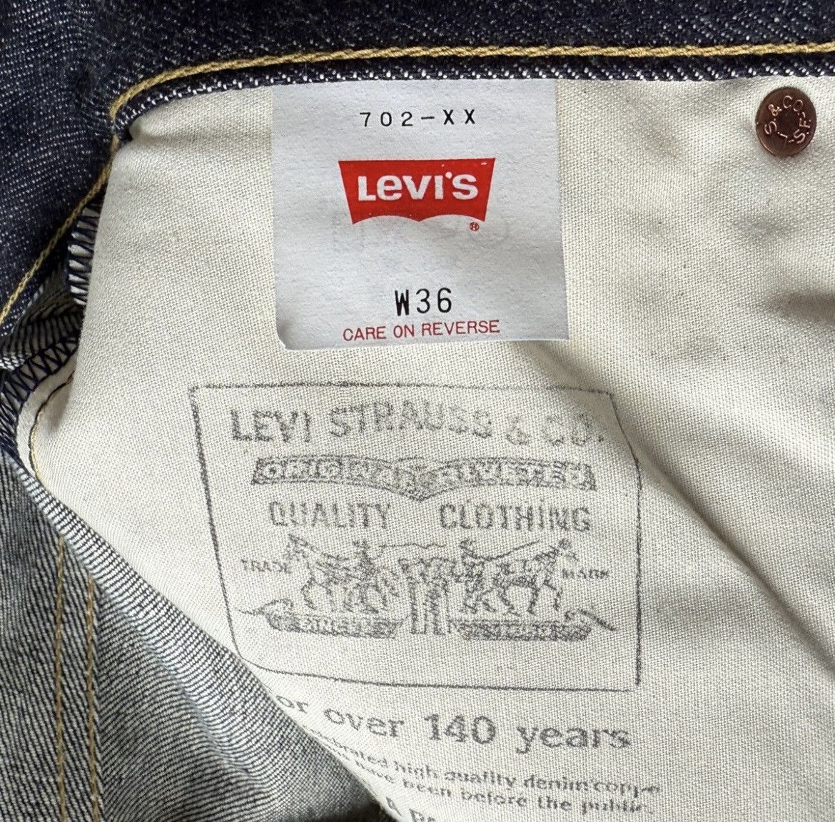 Levi's Vintage Clothing VERY RARE OG 1998 LEVI 702XX 1930’s REPRODUCTION DENIM Size US 36 / EU 52 - 8 Thumbnail