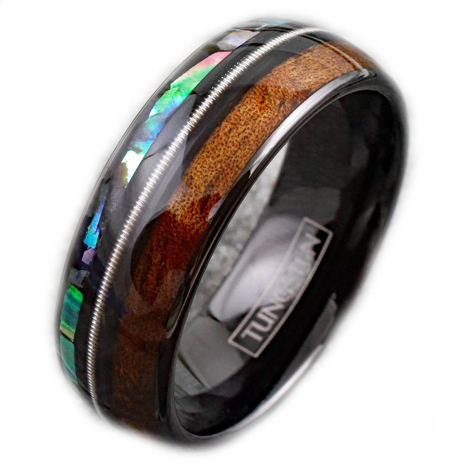 Other Tungsten Carbide Koa Wood Abalone & Guitar String Band Ring Size ONE SIZE - 3 Thumbnail