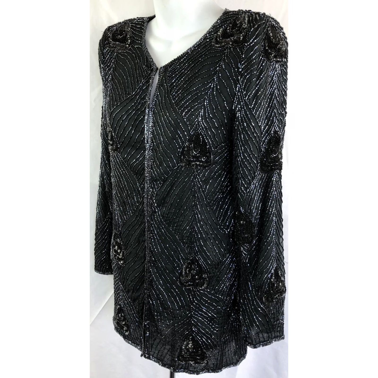 Vintage Vtg Jaisgumo 100% Silk Blouse M Black Beaded Hook Front Long Formal Coquette Glam Women's Blouse Size M / US 6-8 / IT 42-44 - 3 Thumbnail