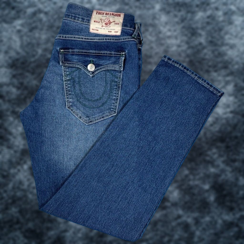 True Religion Geno Big T Flap Relaxed Slim Jeans Blue Denim Mens 32x32