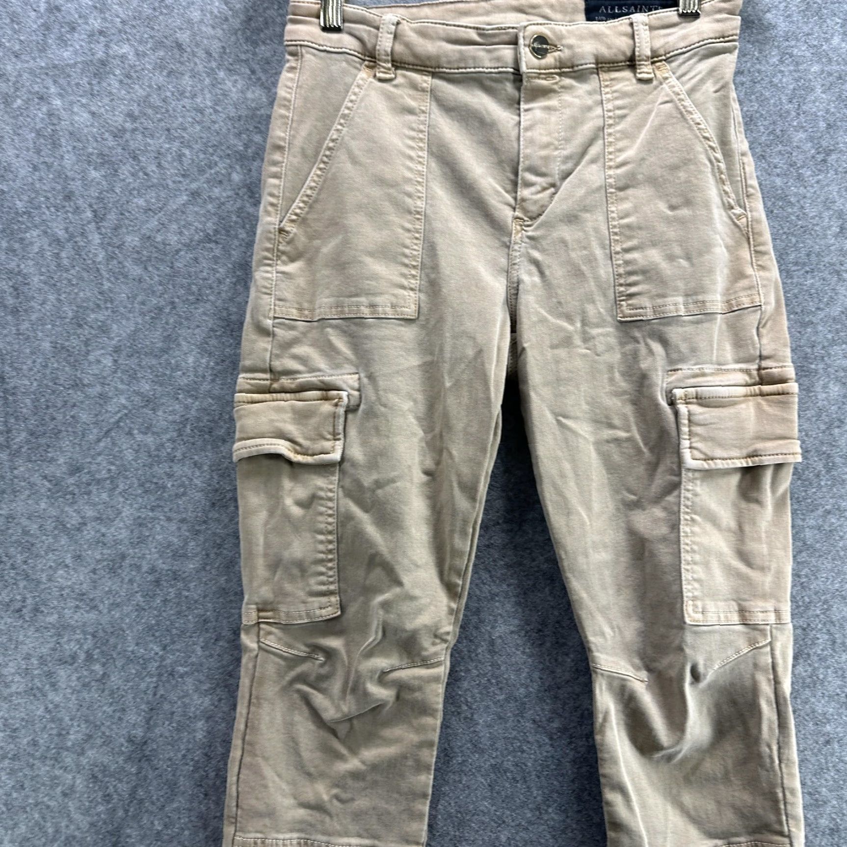 Allsaints AllSaints Duran Skinny Cargo Pants Womens 27 Beige Khaki Stretch Utility Pockets Zip Button Twill Cotton Polyester Spandex Casual Size 27" / US 4 / IT 40 - 2 Thumbnail