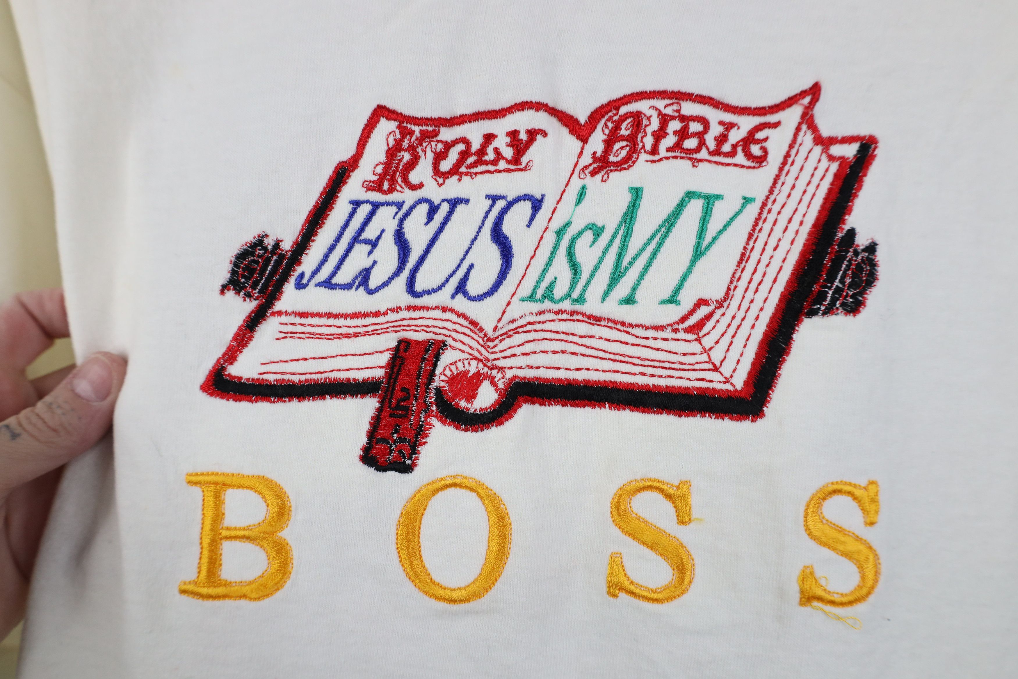 Vintage Vintage 90s Streetwear Jesus Is My Boss Holy Bible T-Shirt Size US XL / EU 56 / 4 - 4 Thumbnail