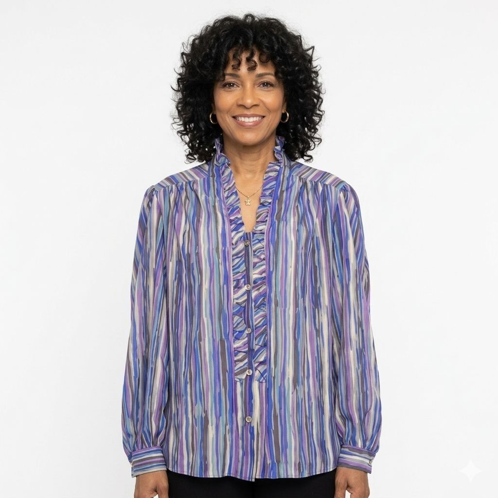 Other Vintage 80s Teddi Of California Stripe Ruffle Blouse Size 18 Size XXL / US 16-18 / IT 52-54 - 1 Thumbnail