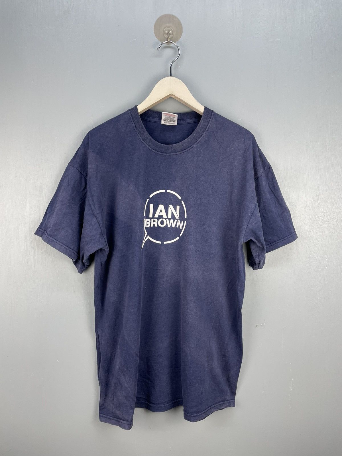 image of Band Tees x Rock T Shirt Vintage Y2K Ian Brown The Stone Roses Tour Sun Faded T Shirt in Blue (Size