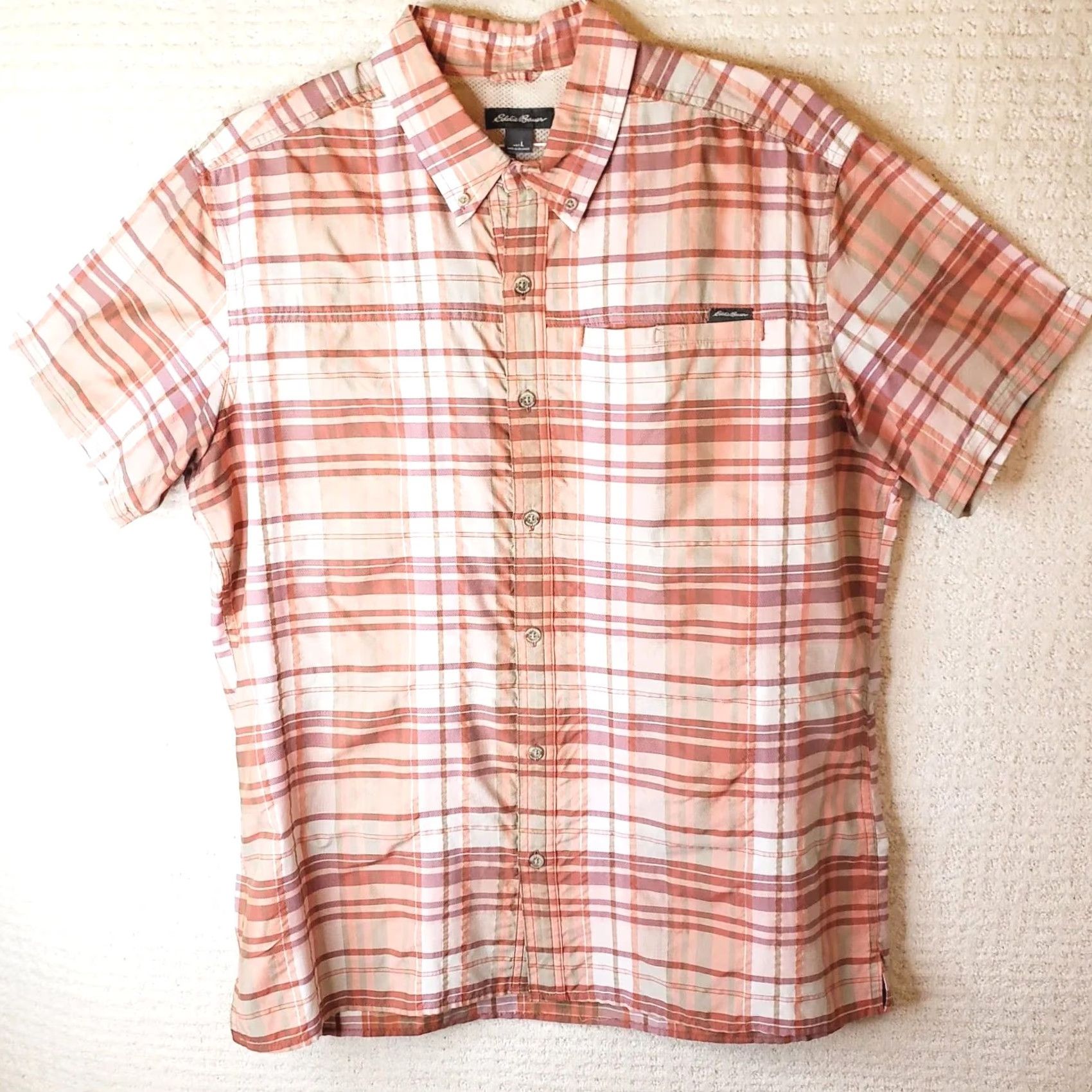 Eddie Bauer EDDIE BAUER Casual Shirt Button-Up Short Sleeve Plaid Peach White Nylon Polyester Microfiber 50 in Chest L Regular Men’s New without Tags Size US L / EU 52-54 / 3 - 2 Thumbnail