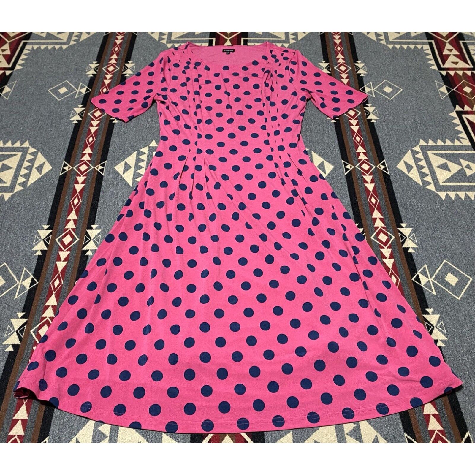 image of Vintage J Peterman Womens Pink Blue Polka Dot Midi Dress Size 12 Swing B4 in White