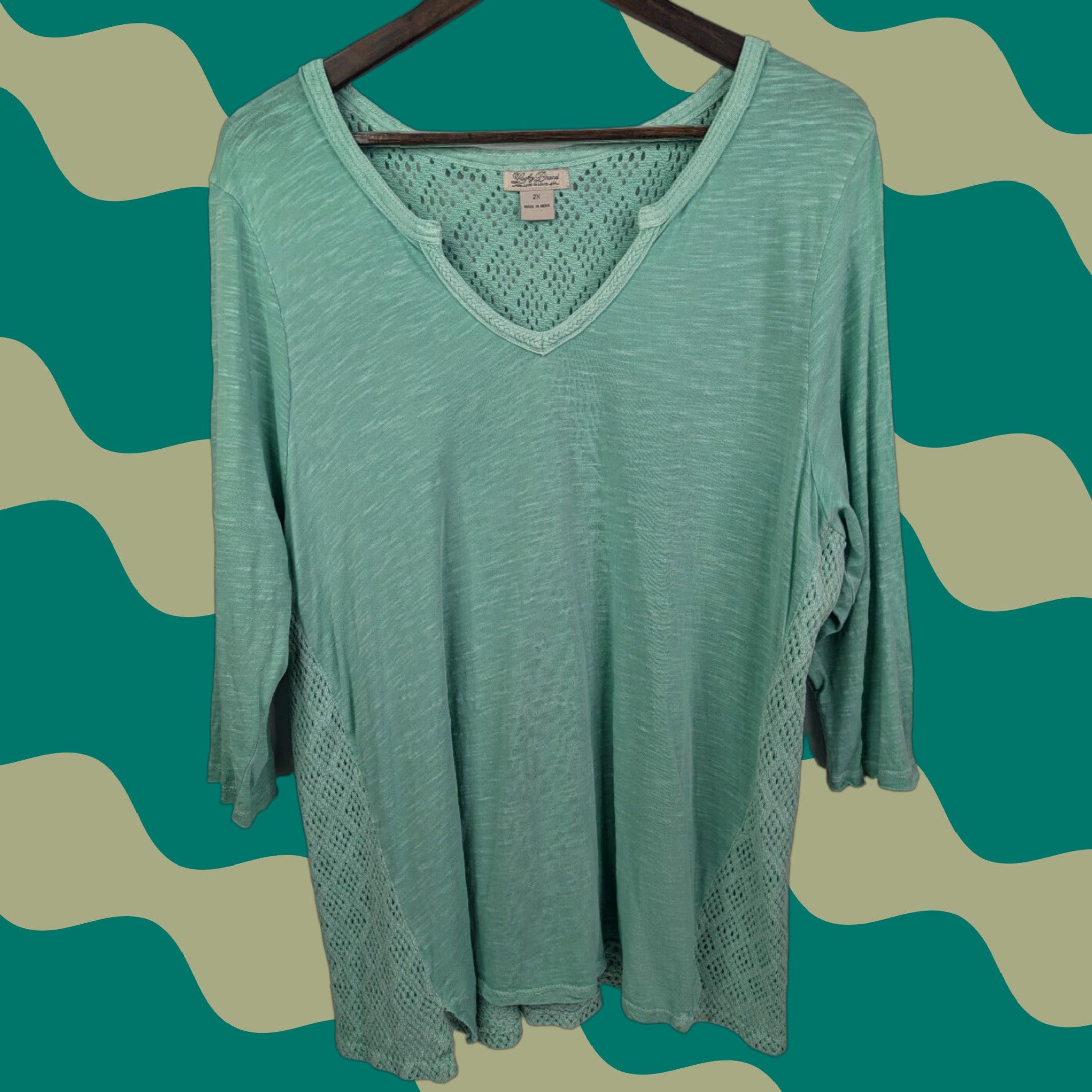 Lucky Brand Lucky Brand Calistoga Crochet Back Aqua Green Split-neck Top Women's Size 2X Size XXL / US 16-18 / IT 52-54 - 1 Thumbnail
