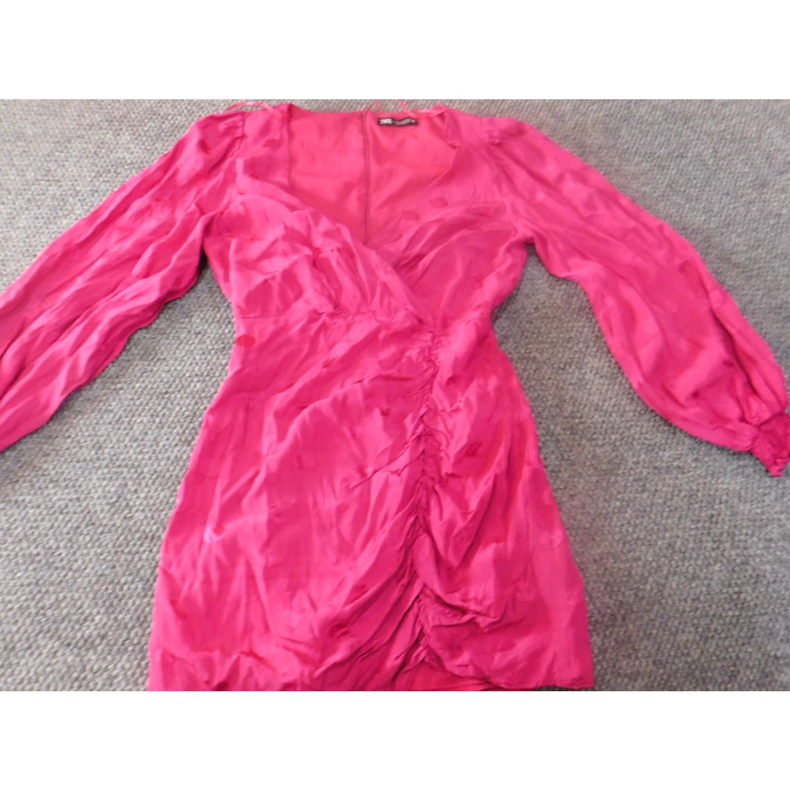Zara Zara Dress Mini Dress S Pink A-line ruched v-neck Dolman Sleeve Polyester Rayon solid long sleeve Women Size S / US 4 / IT 40 - 5 Thumbnail