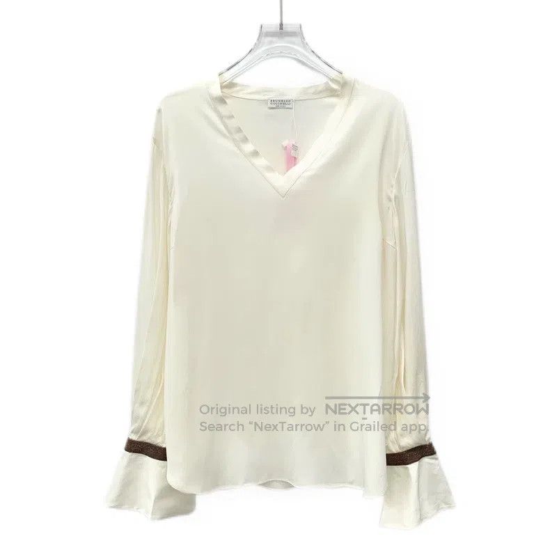 Brunello Cucinelli Brunello Cucinelli Off-white silk V-neck bell-sleeve shirt Size L / US 10 / IT 46 - 1 Thumbnail