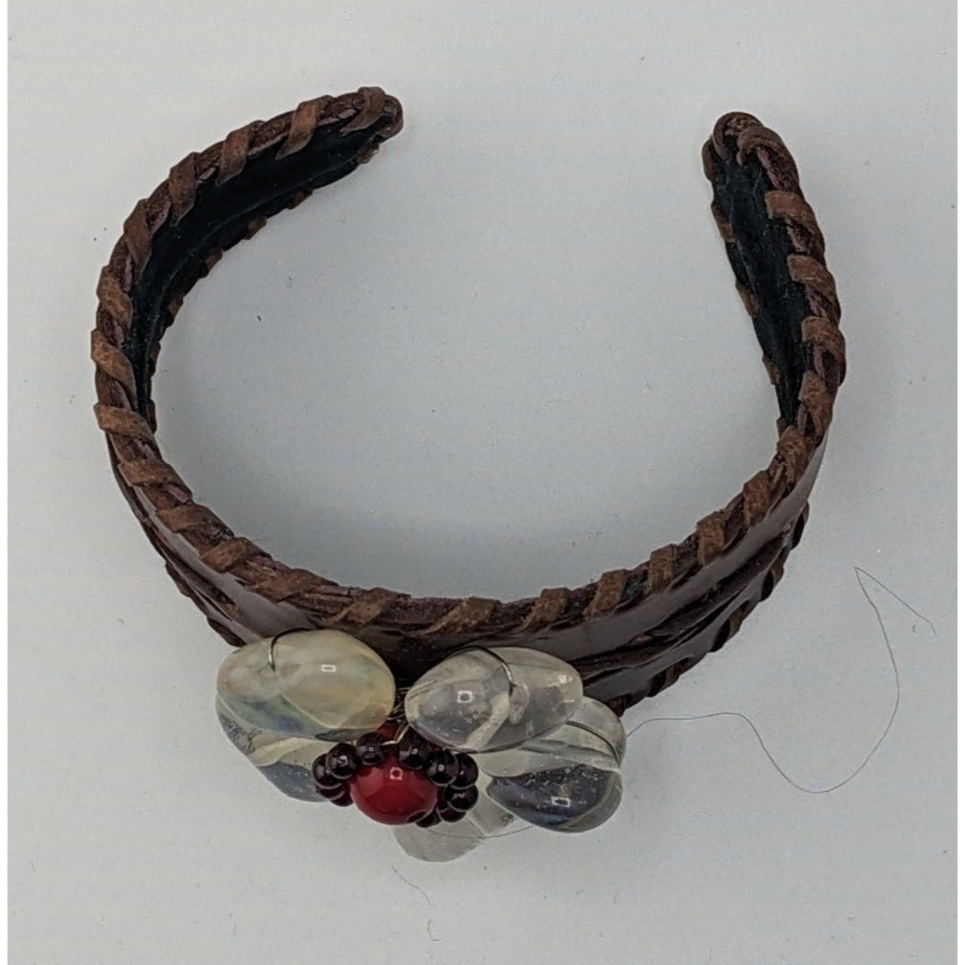 Handmade Handcrafted Leather Cuff Bracelet With Gemstone Flower Desig Size ONE SIZE - 4 Thumbnail