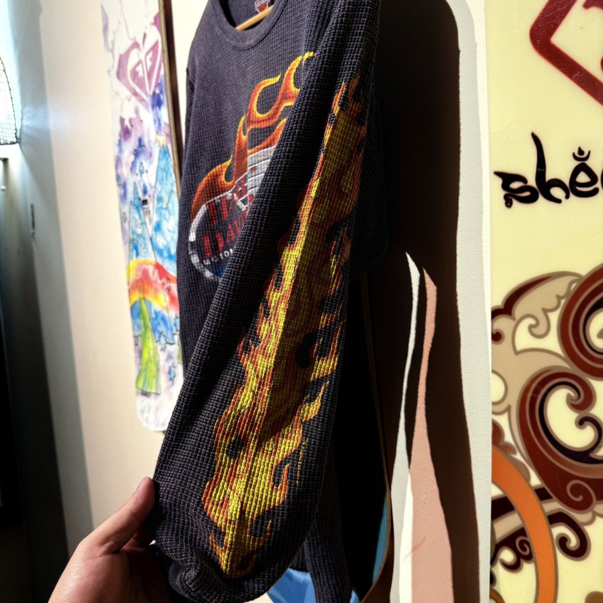 Harley Davidson VTG 1992 Harley Davidson Flame Thermal Waffle Knit Holoubek Size US L / EU 52-54 / 3 - 6 Thumbnail