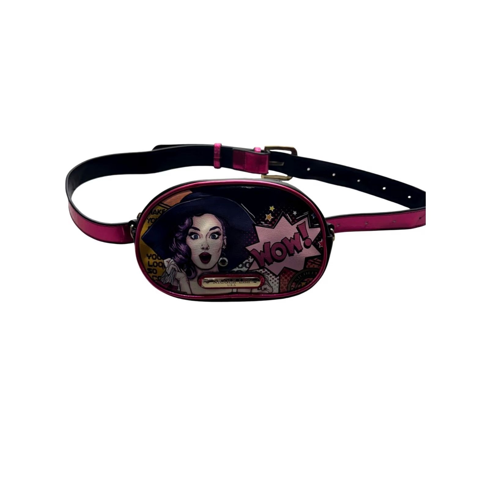 Lee Nicole Lee Pop Art Belt Bag Crossbody Women's S Black Pink Adjustable Strap Zipper Eco Leather Polyester 7.5x5x1.5 Size ONE SIZE - 2 Thumbnail