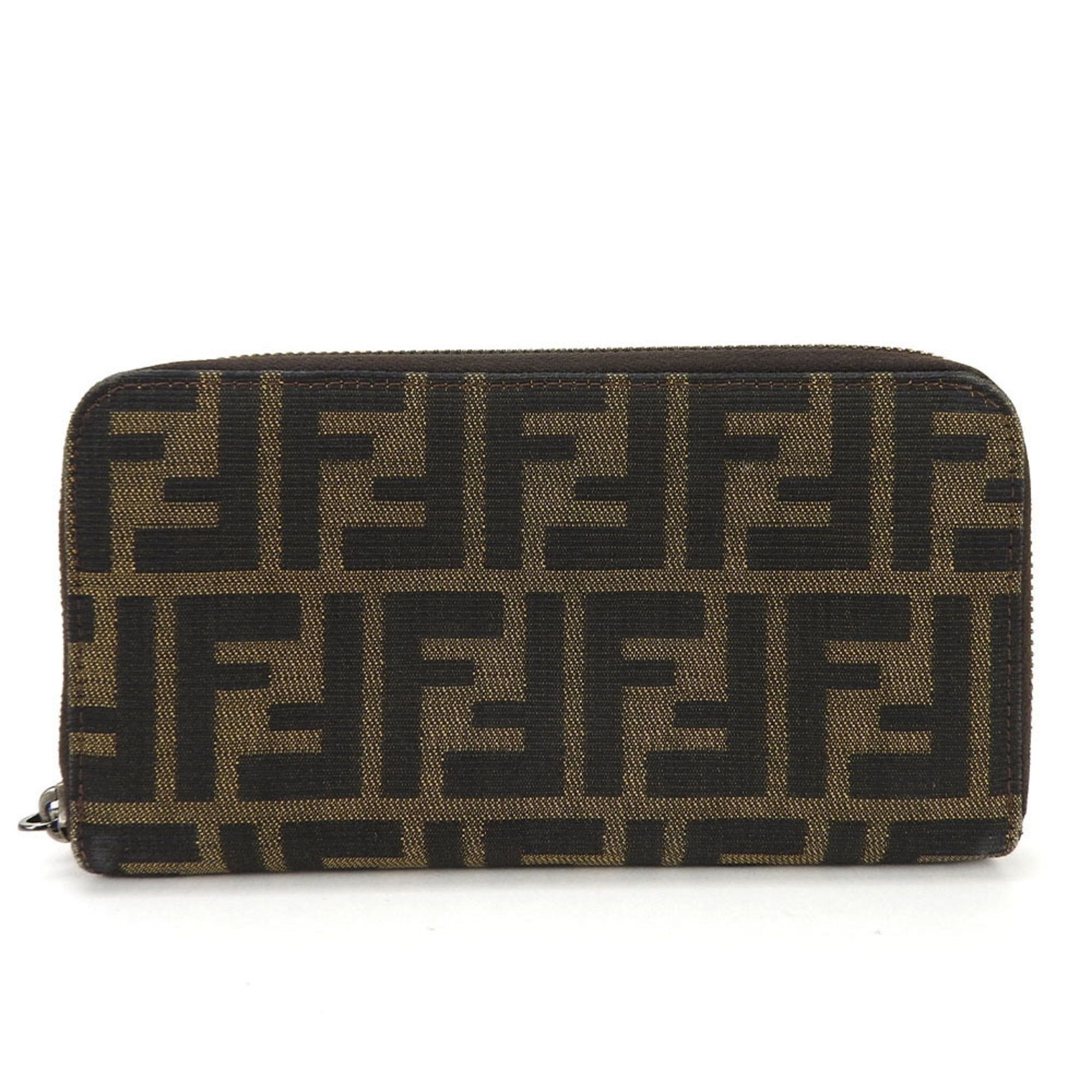 image of Fendi Zip Around Wallet Zucca 8M0024 Pattern Canvas Khaki Brown Accessory Zippy Ladies, Women's