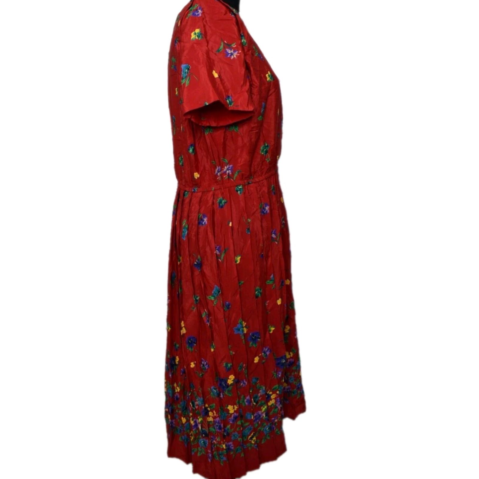 Fay VINTAGE Leslie Fay Dress Pleated Floral Midi Shirt Dress Small Red 8P Petite Waist Belted Short Sleeve Women Size S / US 4 / IT 40 - 4 Thumbnail