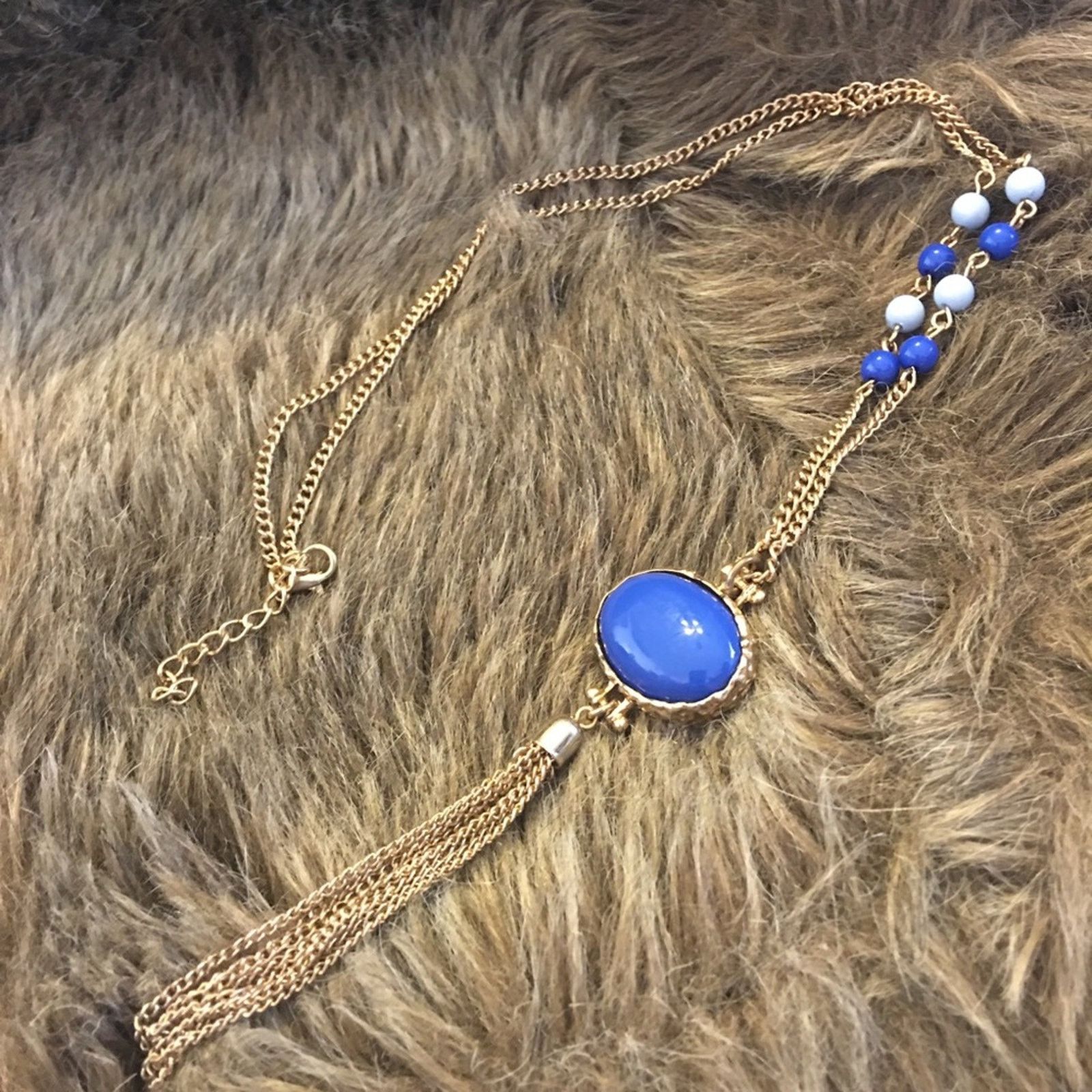 Jewelry Blue glass cabochon medallion fringe necklace Size ONE SIZE - 8 Thumbnail