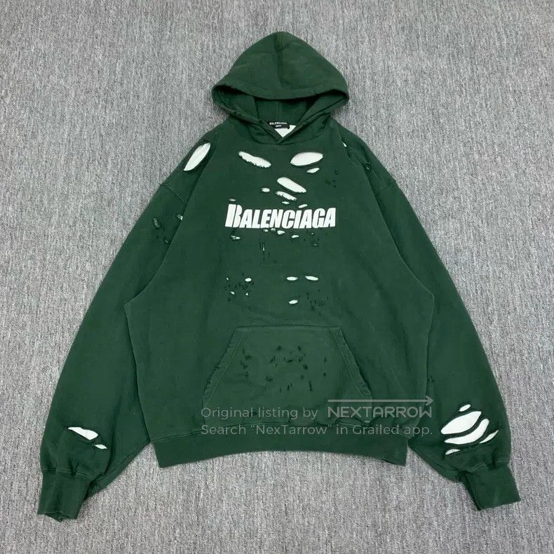 Balenciaga Balenciaga Green Torn Distressed Hooded Sweatshirt Size US XS / EU 42 / 0 - 1 Thumbnail